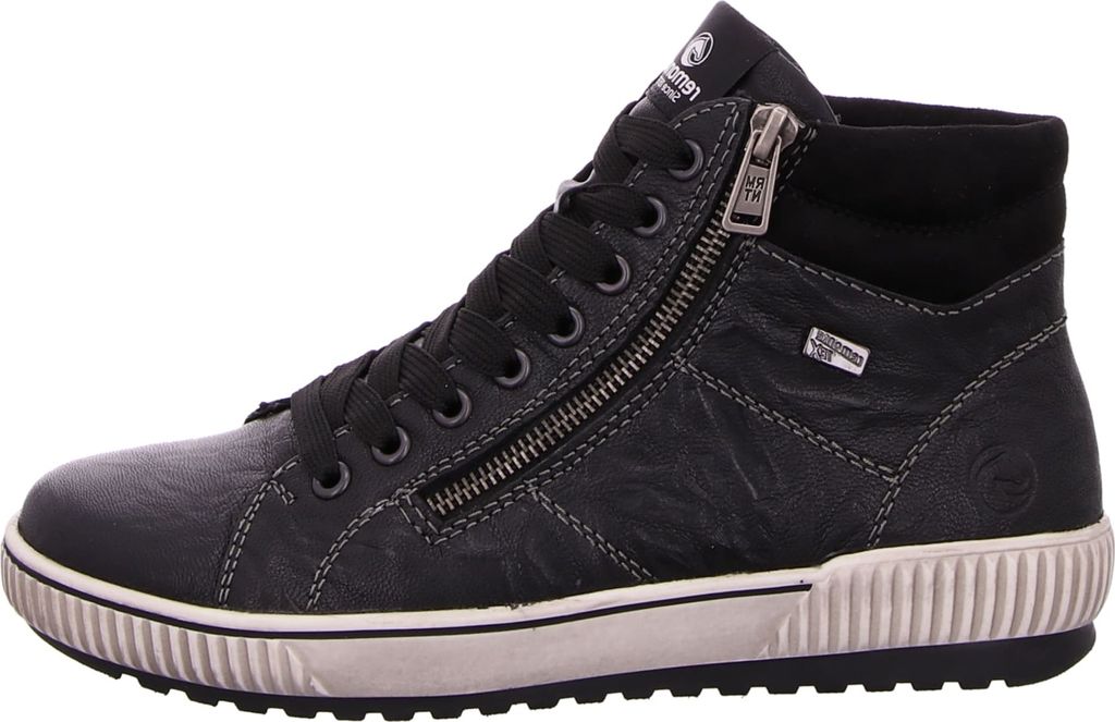 A side view of a black high-top sneaker.