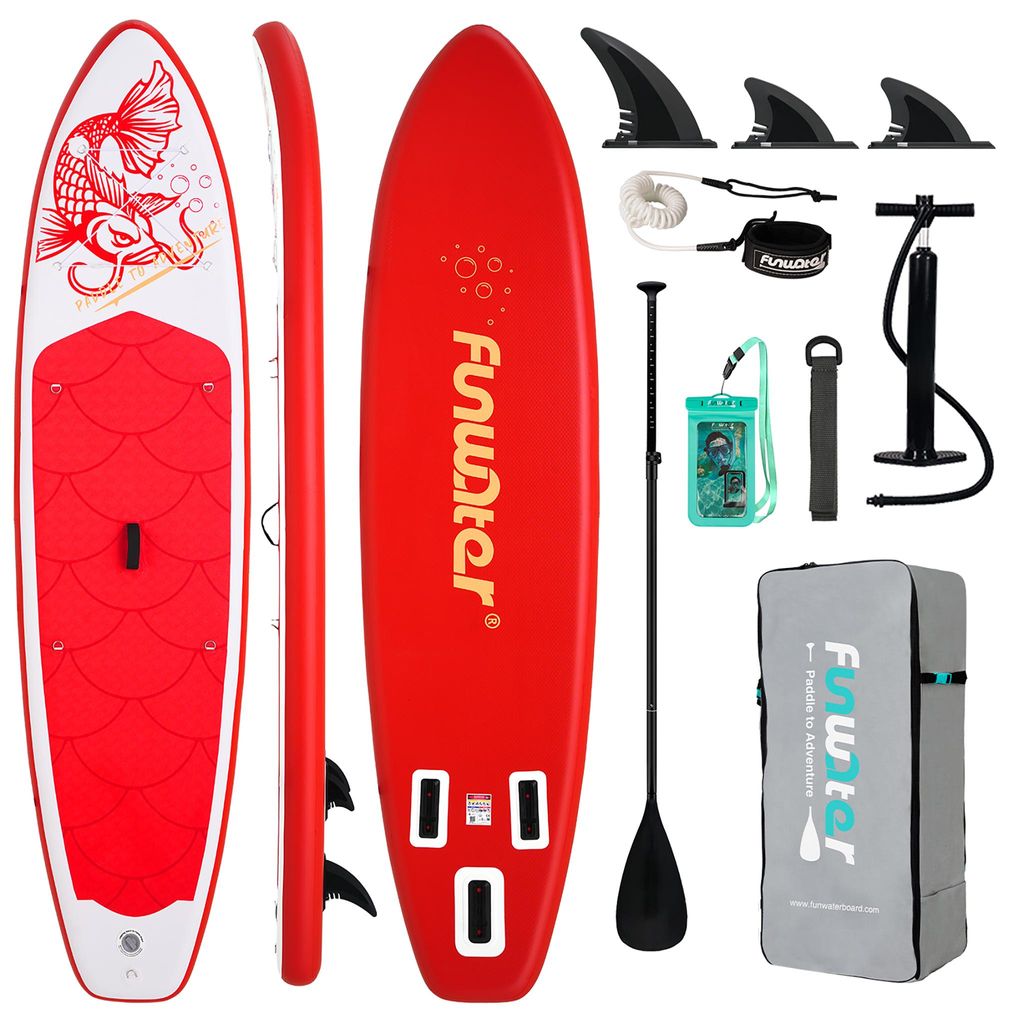 Funwater Stylisches Stand Up Paddle Board mit Koi Motiv, extra breit für maximale Stabilität, mit 3 Flossen, wasserdichter Tasche & vollem Zubehör