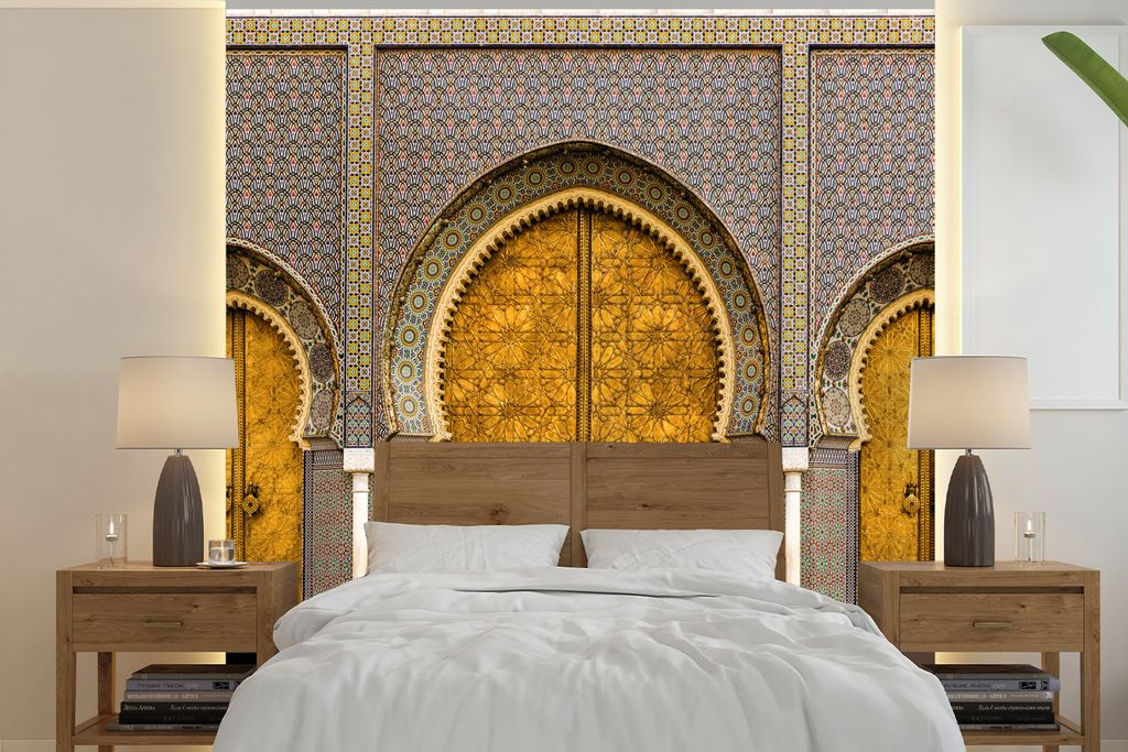 MuchoWow Fototapete für Wohnzimmer oder Schlafzimmer Wandtapete Vinyl Motivtapete Türen - Architektur - Gold - Muster - 240x240 cm - Schlafzimm...