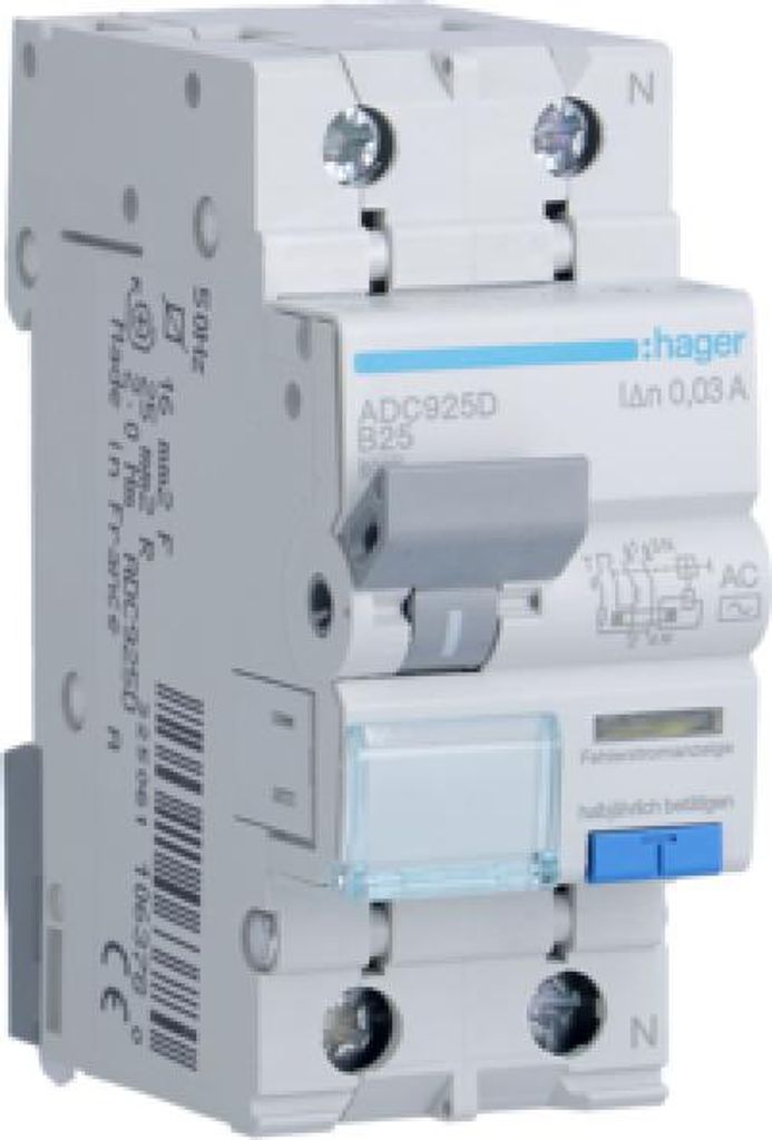 HAGER RCBO Fehlerstrom-/Leitungsschutzschalter 1P+N 6kA B25A 30mA Typ AC ADC925D