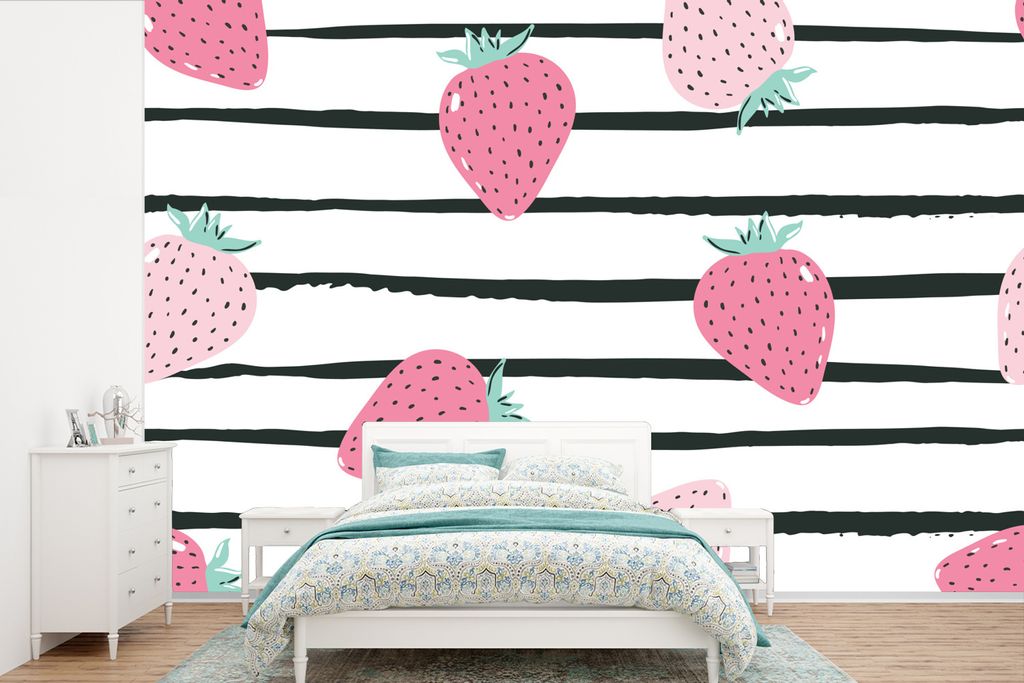 MuchoWow Fototapete für Wohnzimmer oder Schlafzimmer Wandtapete Vinyl Motivtapete Sommer - Erdbeeren - Pastell - 420x280 cm - Zimmer für Kinder