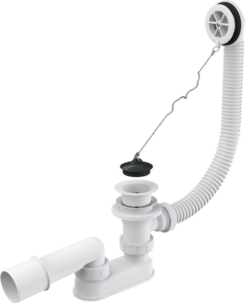A white bathtub drain and overflow assembly with a flexible hose and a plug on a chain.