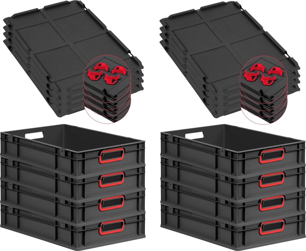 SuperSparSet 8x Eurobox NextGen Color mit Auflagedeckel und Schiebeschnappverschlüsse | HxBxT 12x40x60cm | 23 Liter | Schwarz | Griffe rot offen |...