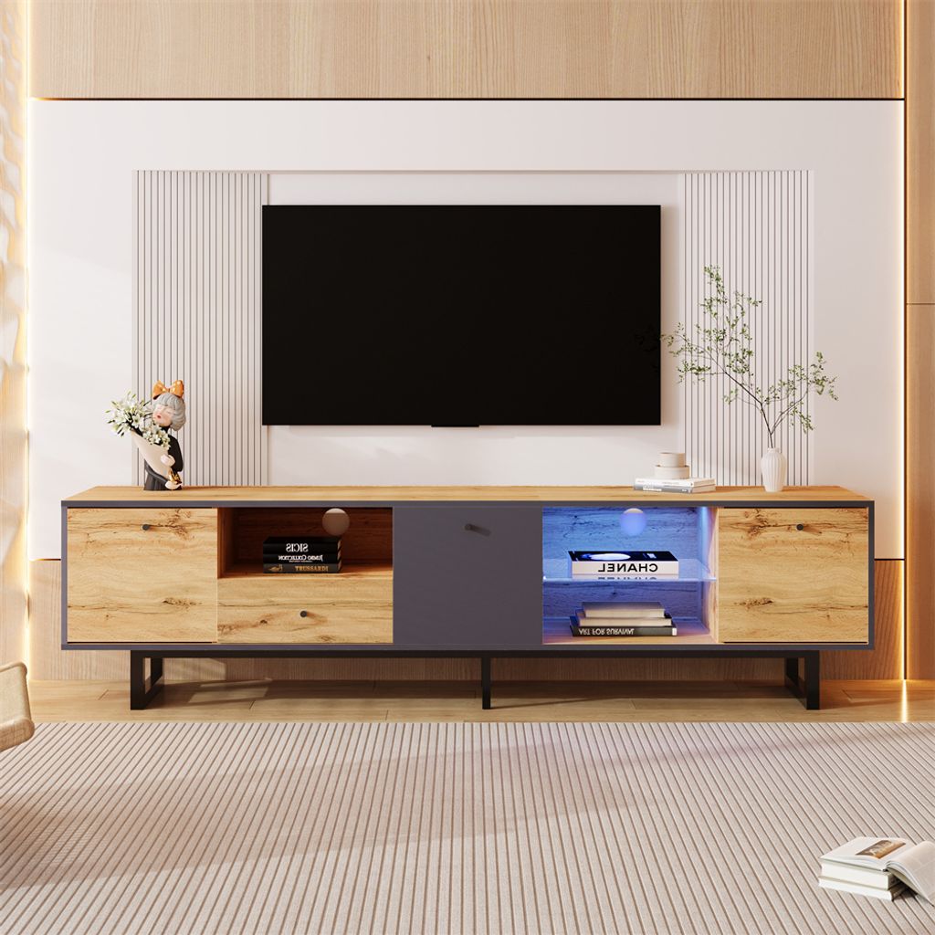 TV-Schrank Lowboard, Wohnzimmer-TV-Schrank mit LED-Lichteffekt, Glastrennwand, Pufferscharnier, farblich passendes Design