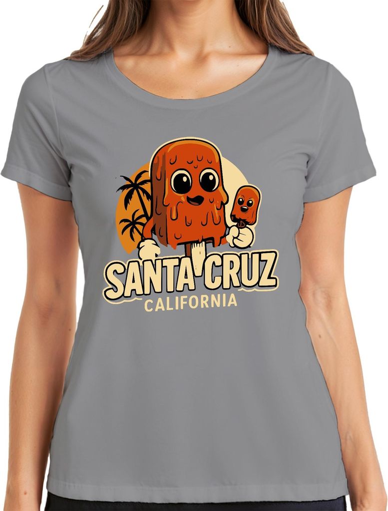 Santa Cruz Eis am Stiel Cartoon Palmen Kalifornien Retro Vintage Damen T-Shirt, Grau, 3XL