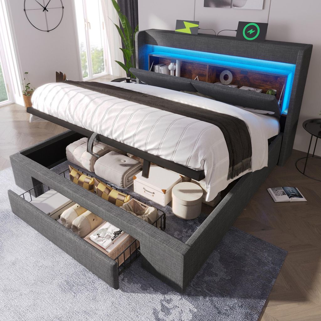 Flieks Hydraulisches Polsterbett 140x200cm mit Usb & Type-c, Stauraumbett mit Schublade und Ablage, Jugendbett Doppelbett Leinen, Grau