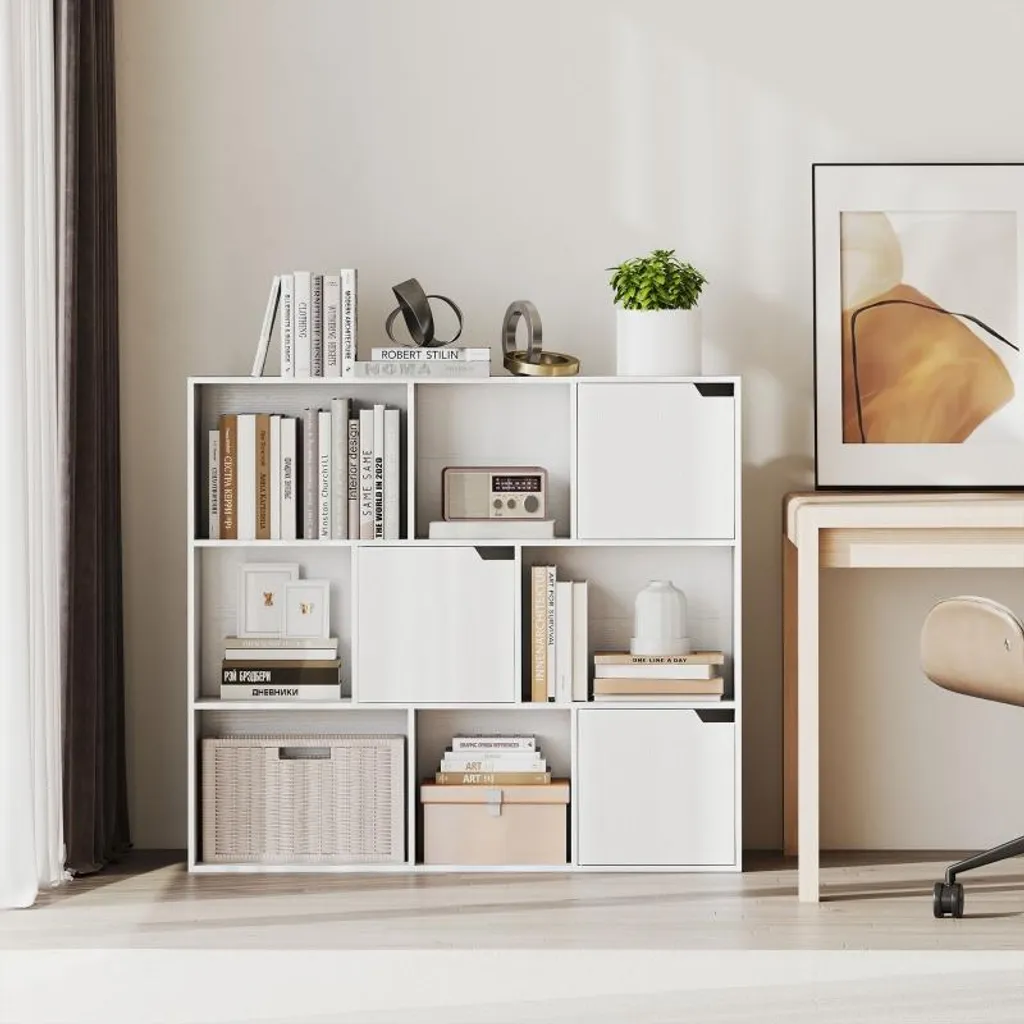 Bibliothèque Blanche à 9 Compartiments avec 3 Portes en Bois Particules