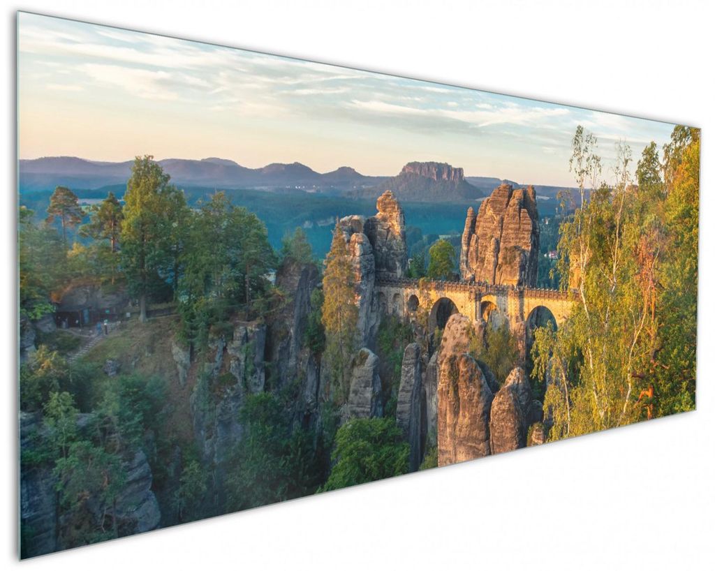 Wallario Küchenrückwand aus Glas, Größe: 125 x 50 cm, Motiv: Steinerne Brücke in der Landschaft | Spritzschutz | abwischbar | pflegeleicht | in