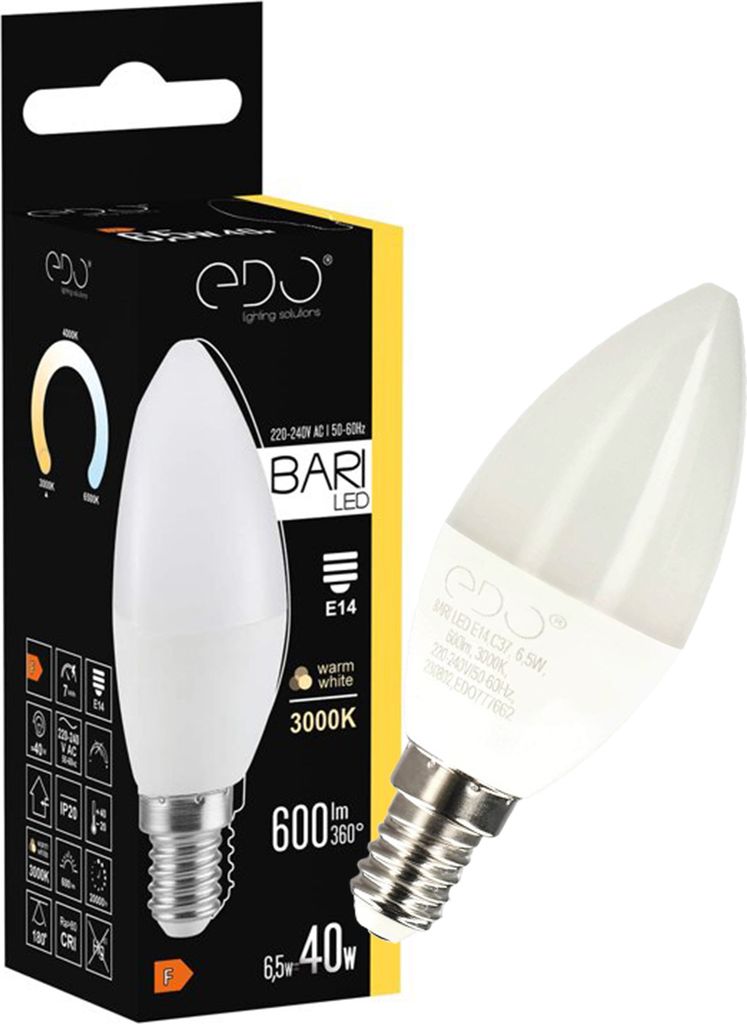 A product package for an LED candle lamp, with the lamp itself shown next to it.