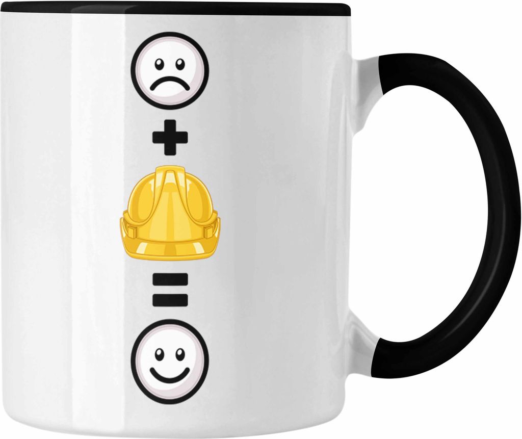 Trendation - Baustelle Tasse Geschenkidee für Bauarbeiter Geburtstag Lustiges Geschenk :( + Sicherheitshelm = :) (Schwarz)