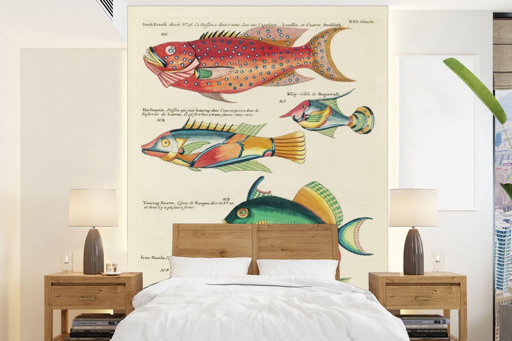 MuchoWow Fototapete für Wohnzimmer oder Schlafzimmer Wandtapete Vinyl Motivtapete Fisch - Jahrgang - Meer - 175x240 cm - Schlafzimmertapete