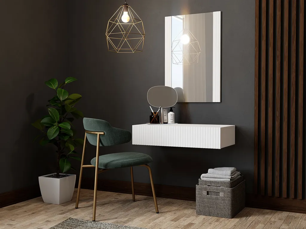 Console de maquillage murale CRATO blanche avec grand miroir rectangulaire