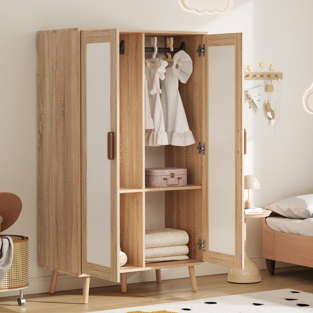 okwish Kleiderschrank Aufbewahrungsschrank mit Kleiderstange Doppeltüriger Kinderkleiderschrank mit ausreichend Stauraum Natur