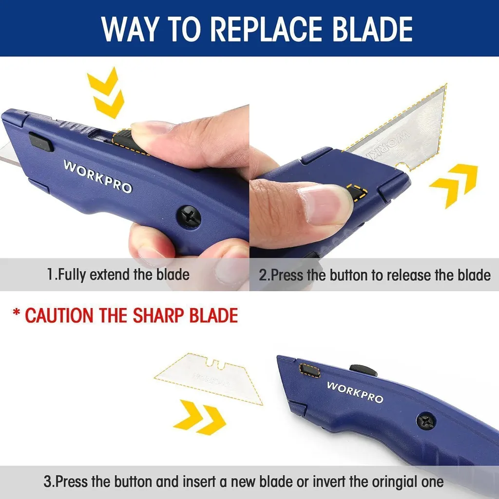 Cutter professionnel rétractable métal bleu WORKPRO avec ses 10 lames