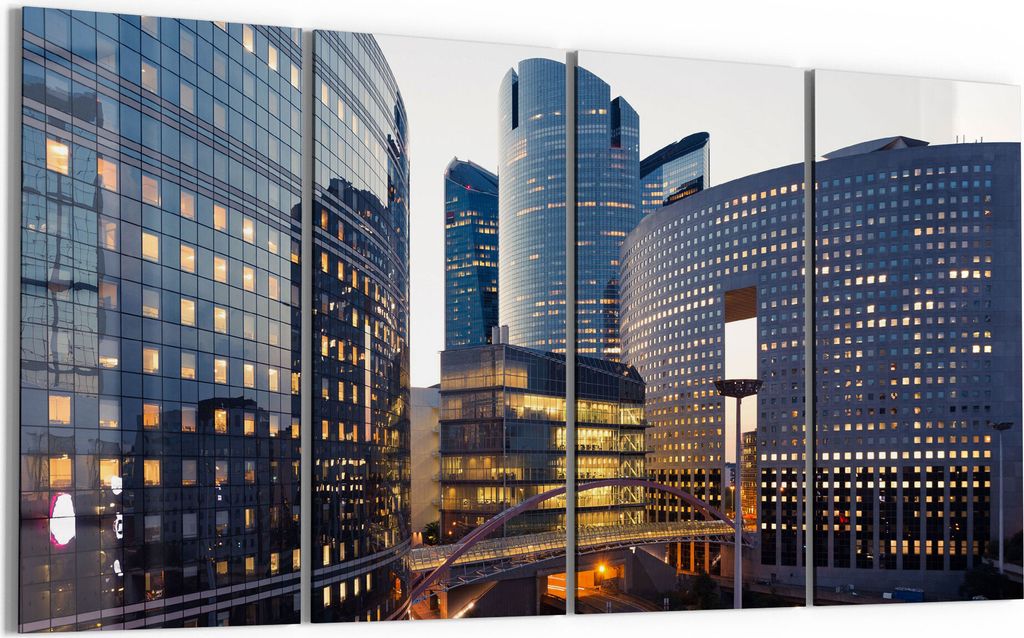 DEQORI Glasbild Echtglas 4x30x60 cm 'La Défense am Abend' Wandbilder XXL groß