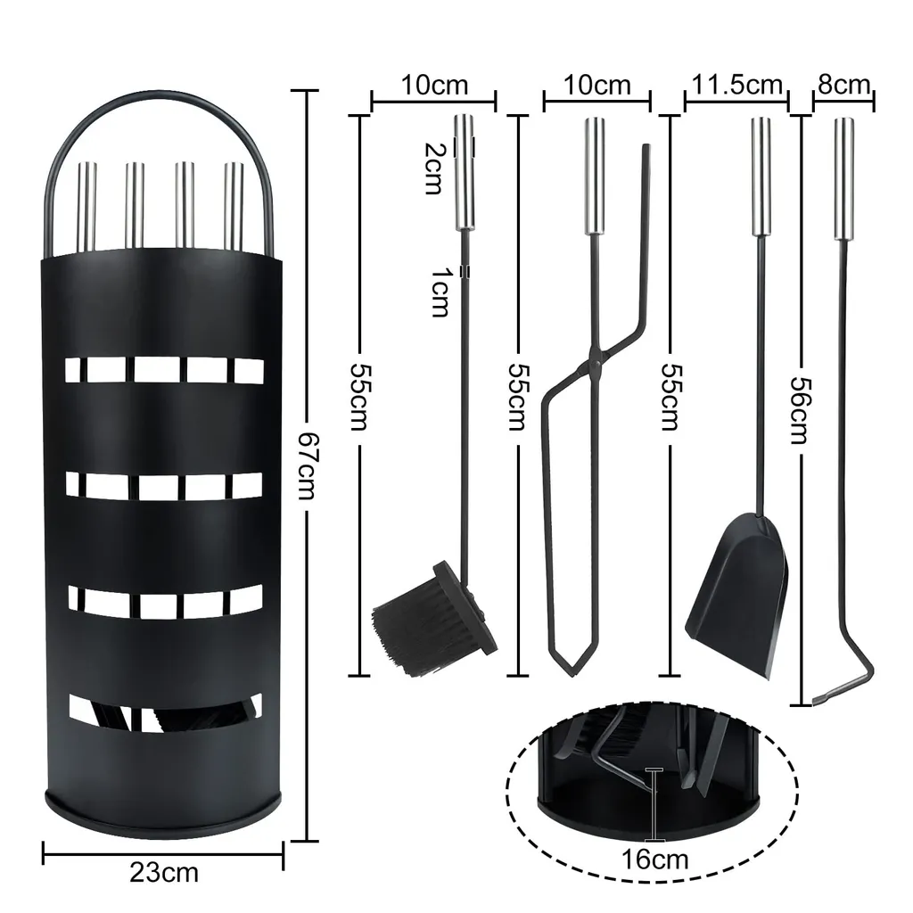 Kit Accessoires Cheminée Moderne 5 Pièces avec Support en Acier Noir