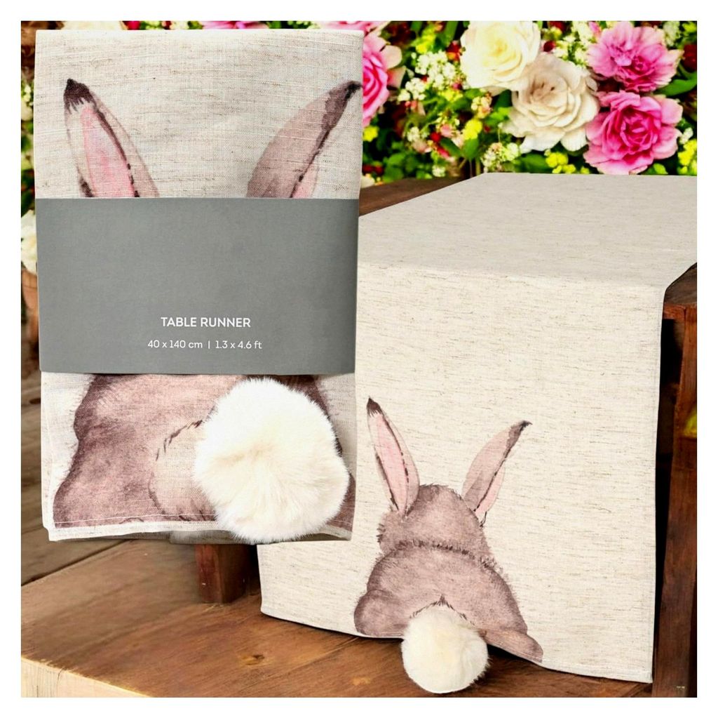 Tischläufer mit Hasenmotiv – 40 x 140 cm – Oster-Tischdeko aus 100% Polyester – Stoff-Tischband mit Bommel – Frühjahrsdeko für Esstisch ...