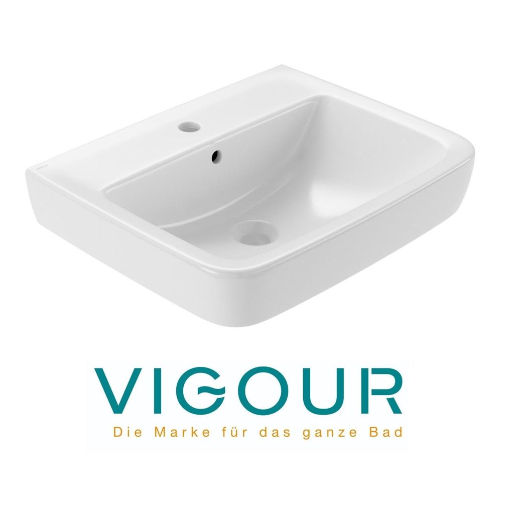 VIGOUR Clivia Waschtisch Waschbecken Hängewaschbecken Handwaschbecken mit Hahnloch und Überlauf eckig 55 x 45 cm, weiß
