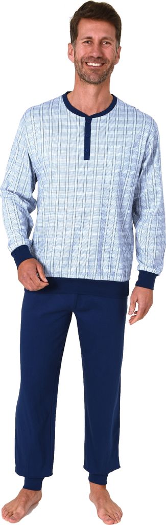 Herren Schlafanzug langarm mit Bündchen und Knopfleiste am Hals – auch in Übergrössen ; marine , 50