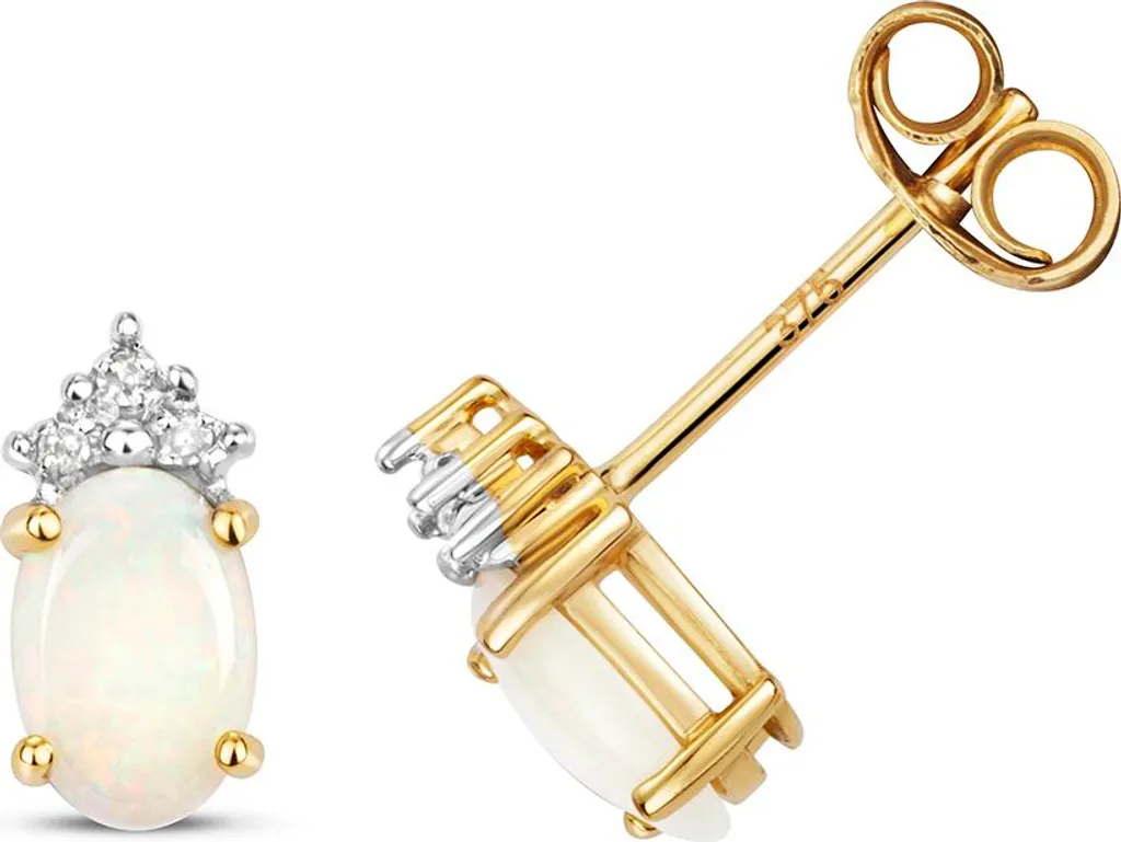 Boucles Or 375 avec Diamant Brillant et Opale Précieuse - Format 9mm