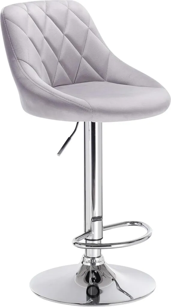 Sgabello da bar in velluto - Regolabile in altezza - Girevole - Con poggiapiedi - Struttura in acciaio cromato - Seduta 35 x 38 cm - Portata fino a 100 kg - Grigio chiaro