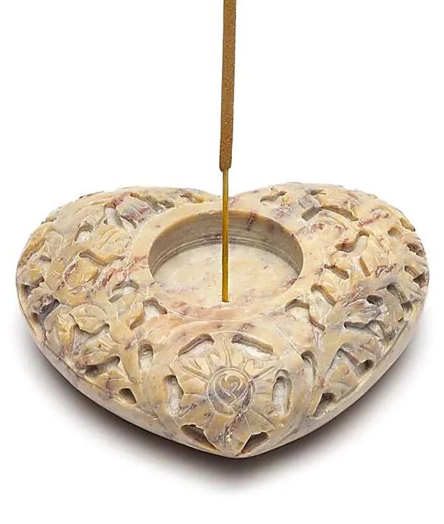 Räucher Set Kerzen-&Räucherstäbchenhalter Herz Speckstein natur -- 9x11cm + Räuc