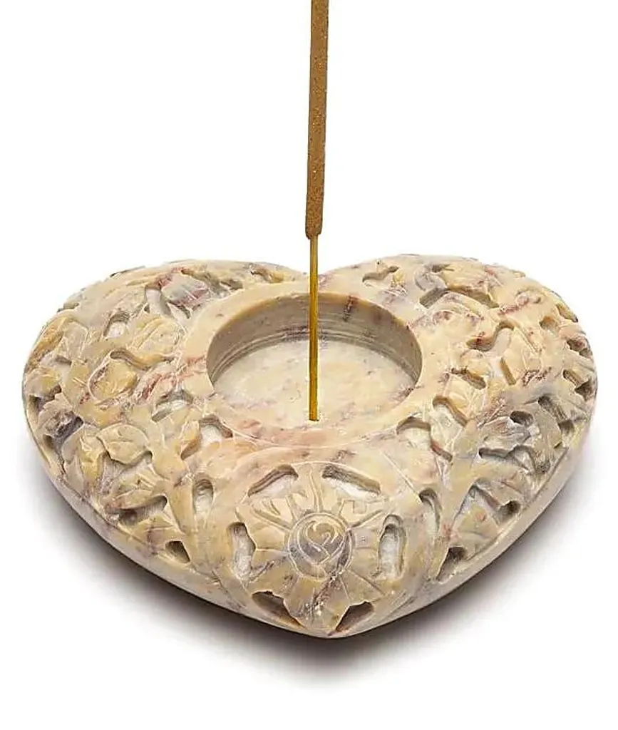 Bougie Coeur et Porte-Encens en Pierre Stéatite Naturelle - Lot de 2 Pcs