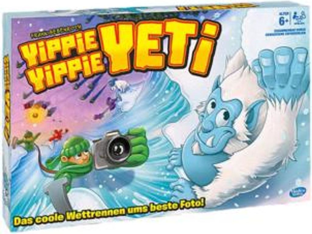 The image shows the box art for the board game "Yippie Yippie Yeti". It features cartoonish characters, including a yeti and a child with a camera, in a snowy, icy environment.