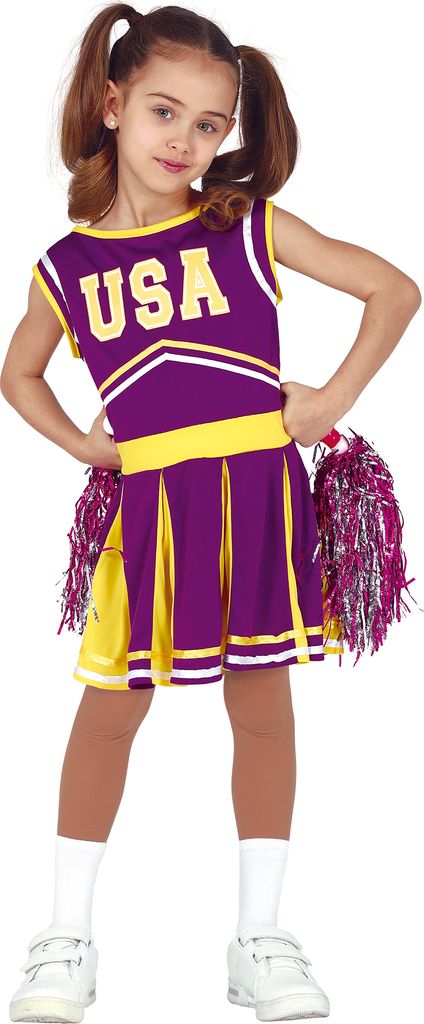 A young girl dressed as a cheerleader, posing with pom-poms.