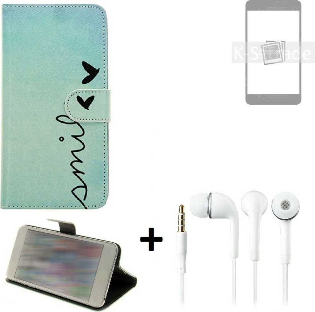 K-S-Trade Schutz Hülle Handy Hülle kompatibel mit Samsung Galaxy S22 360° Wallet Case Schutz Hülle ''smile'' inkl. Ohrstöpsel Smartphone cover