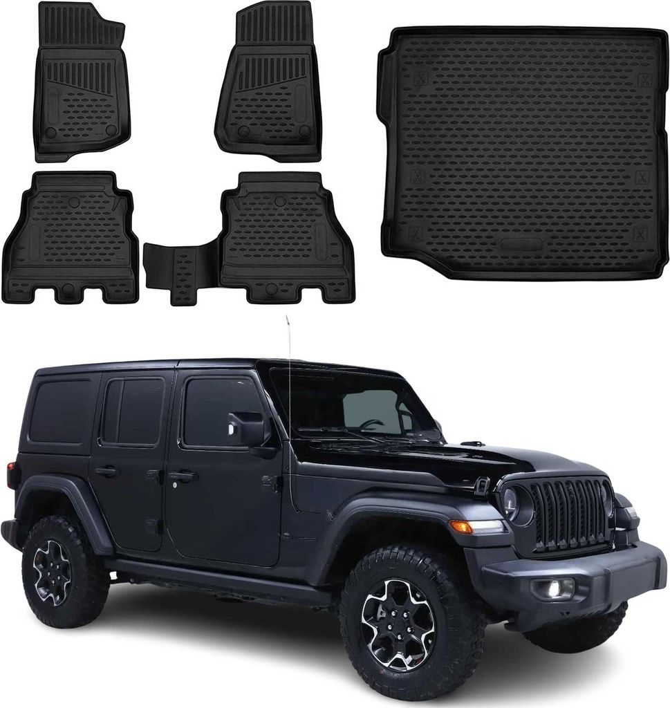 Fußmatten & Kofferraumwanne Set für Jeep Wrangler 2018-2025 Gummi TPE Schwarz 5x