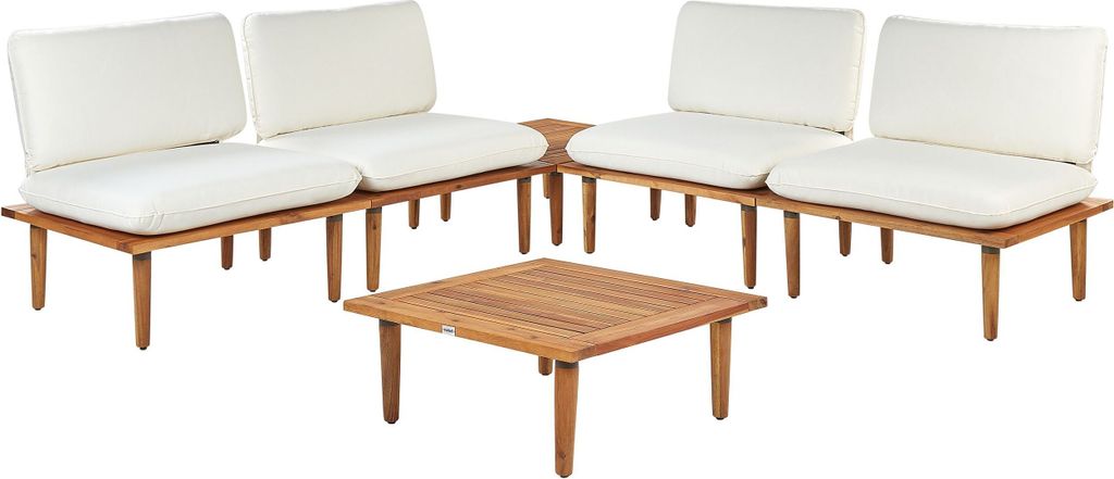 BELIANI Lounge Set Hellbraun Akazienholz 5-Teilig 4 Sessel mit Couchtisch Auflagen Cremeweiß Modern Outdoor Terrasse Balkon Gartenset Gartenmöbel...