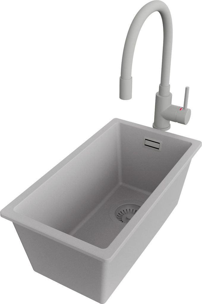 PRIMAGRAN Granitspüle Grau 26x47cm, Spülbecken 1 Becken + Küchenarmatur 38x14cm + Ablauf-Set, Küchenspüle ab 30er Unterschrank - London Slim