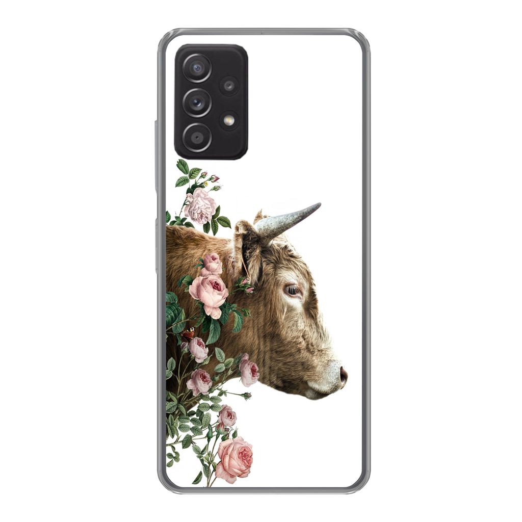 MuchoWow Handyhülle Schutzhülle Hülle für Samsung Galaxy A53 5G Schottischer Highlander - Kuh - Blumen Silikon Softcase Handy Hülle - Schutz...