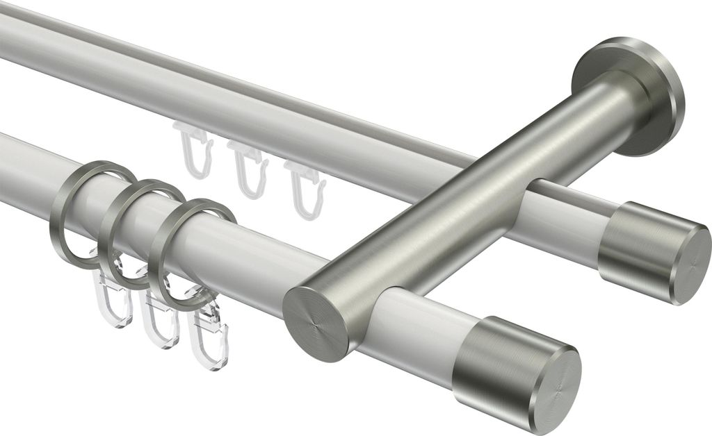 Interdeco Rundrohr-Innenlaufstange / Gardinenstange (Kombination) Weiß / Edelstahl-Optik, Typ Platon Santo (Kappe), 20 mm Ø 2-läufig, 420 cm