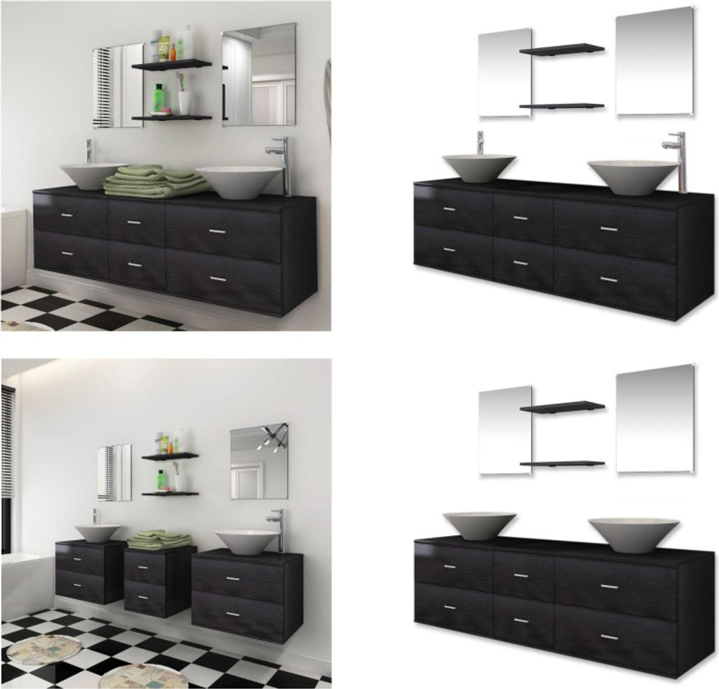 vidaXL 9 tlg. Badmöbel Set mit Waschbecken und Wasserhahn Schwarz - Badezimmermöbel - Badmöbel - Badmöbel Set - Badschrank