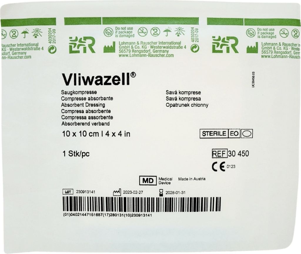 Vliwazell sterilná absorpčná kompresia 10 x 10 cm (1 ks) Obrázok produktu 