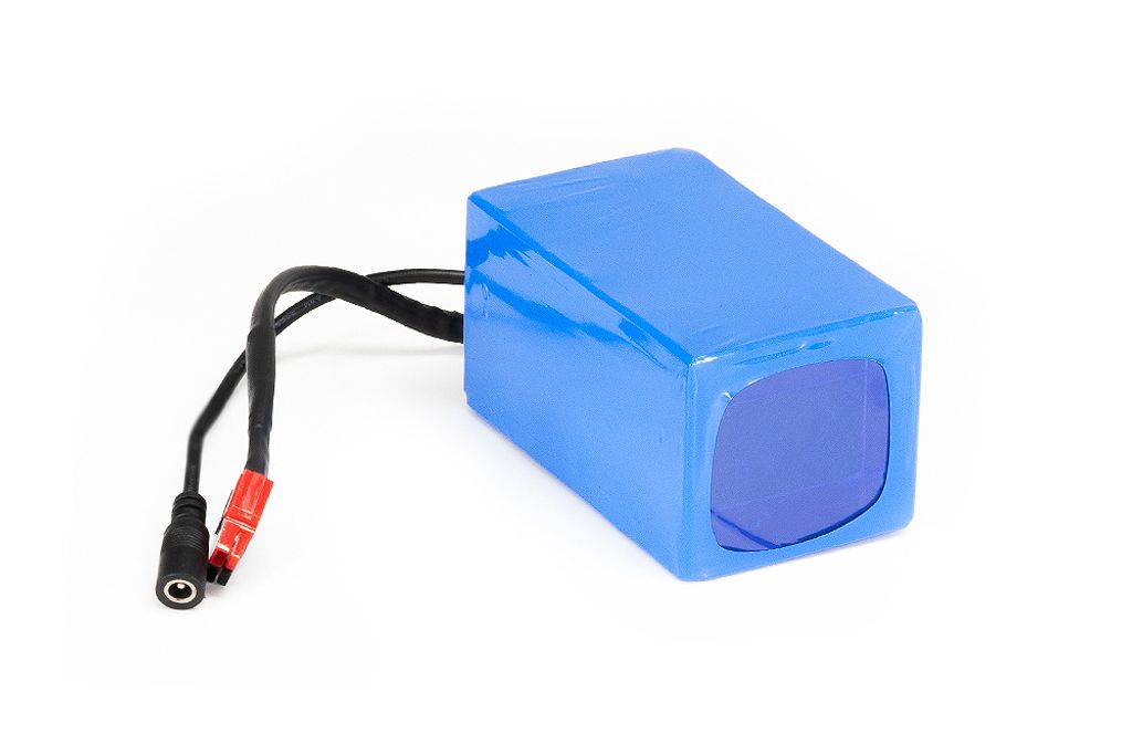 A blue lithium-ion battery pack with attached wires and connectors, isolated on a white background.
