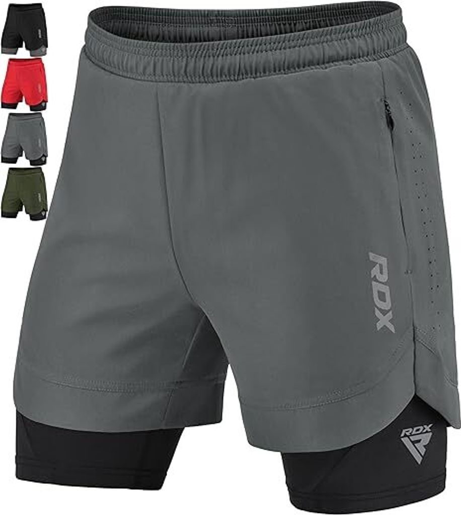 RDX Herren Laufshorts, 2-in-1 Sportliche Atmungsaktive Kurze Kompressionshose, 2 Reißverschluss- und 2 Handytaschen, Leicht
