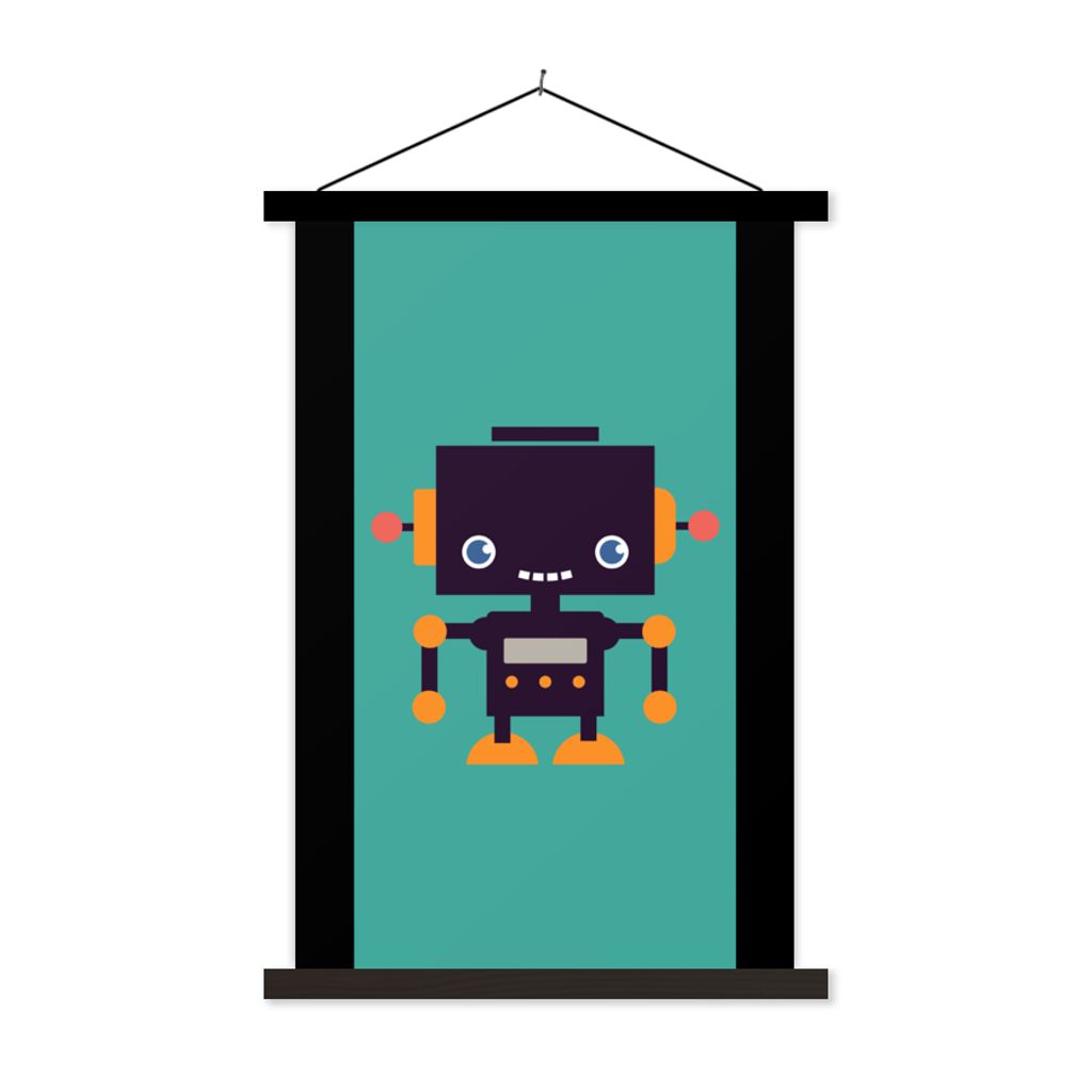 MuchoWow Textilposter Roboter - Gesicht - Antenne - Blau - Jungen 90x180 cm mit schwarzem Rahmen - Dekoration Wohnzimmer