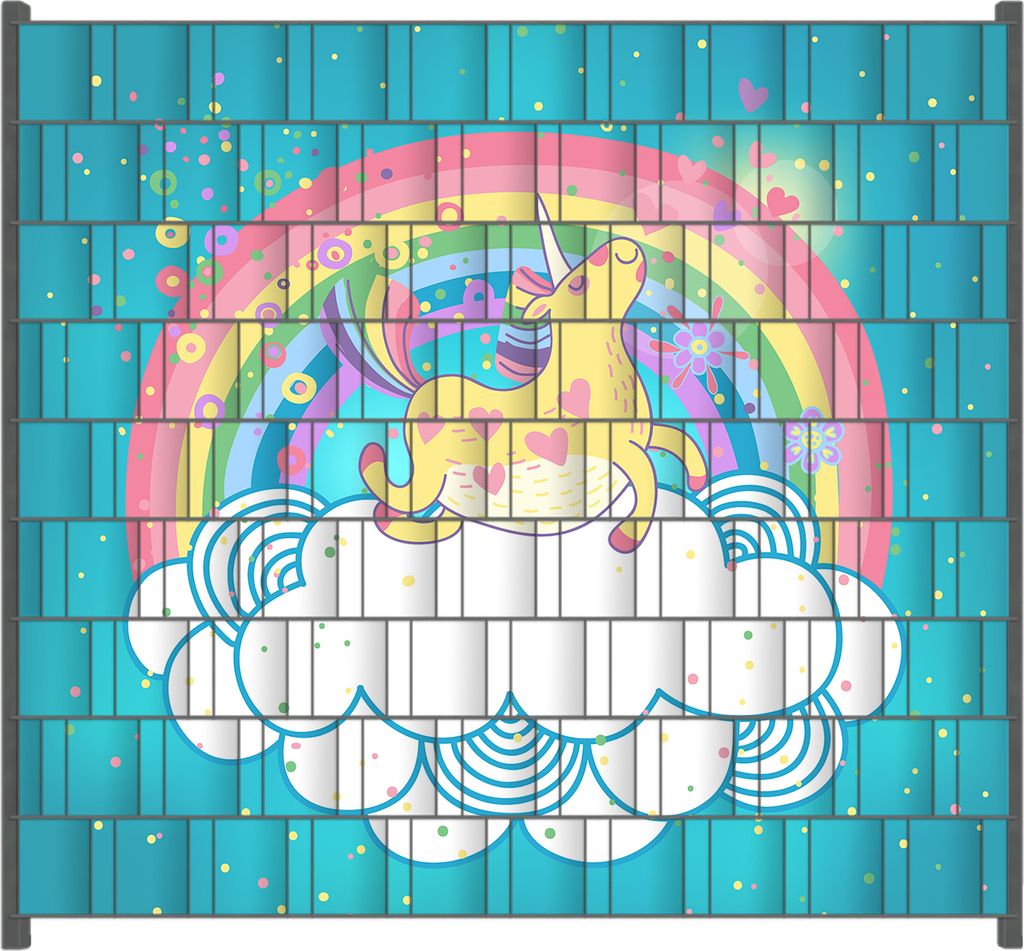 Wallario Zaunsichtschutz mit Motiv Lustiges Einhorn auf einer Wolke vor Regenbogen für Ein- und Doppelstabmatten Zäune in der Größe 200 x 180 cm