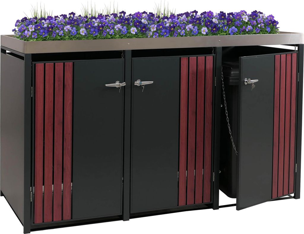 3er-Mülltonnenverkleidung HWC-O67, Mülltonnenbox mit Pflanzkasten, Metall 125x196x84cm 75kg anthrazit Holzoptik dunkel