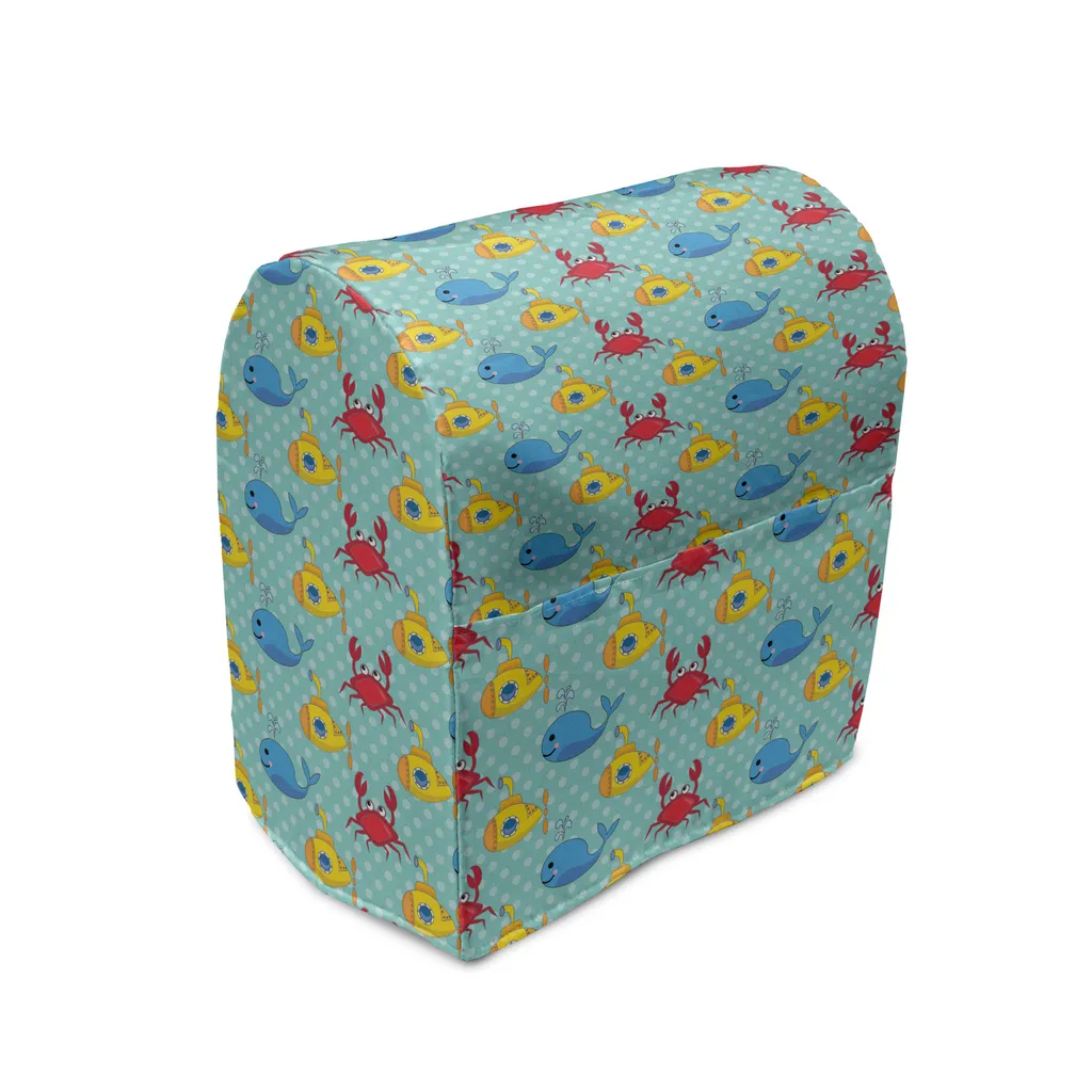 Housse Mixeur avec Poches 36x39x24 cm, Design Baleines Aqua et Moutarde