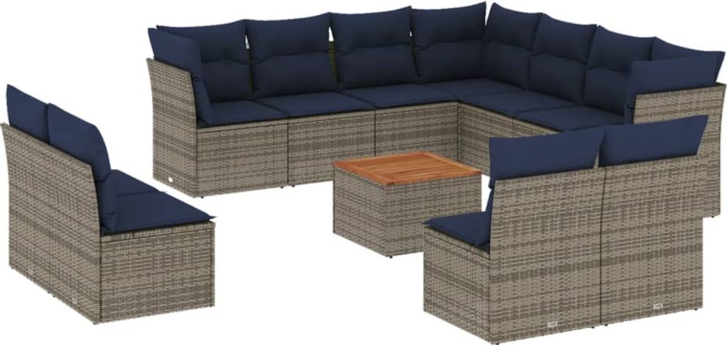 12-tlg. Garten-Sofagarnitur mit Kissen Grau Poly Rattan
