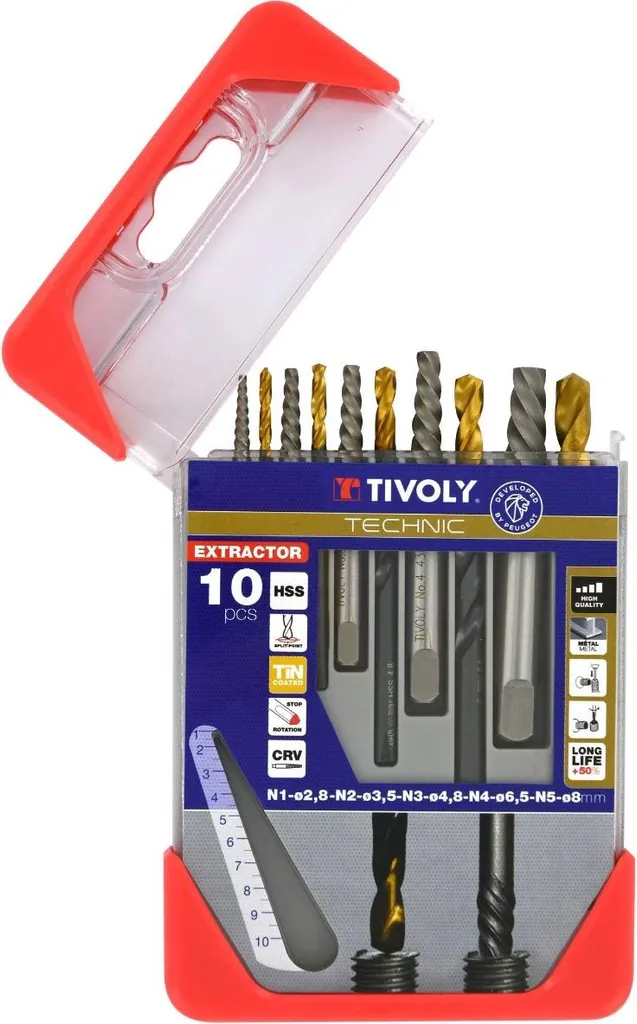 Extracteurs de goujons TIVOLY en acier trempé pour vis cassées métal