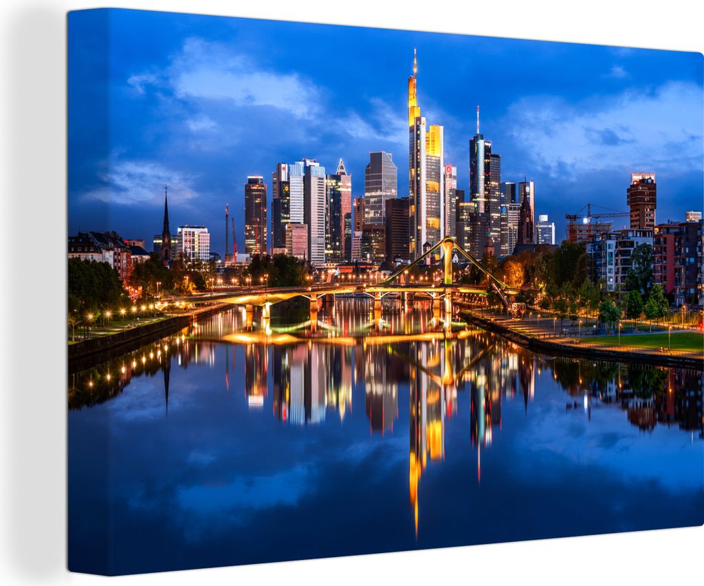 OneMillionCanvasses - Leinwandbilder - 150x100 cm, Skyline von Frankfurt am Main in Deutschland am Abend, Wandbilder Kunstdruck Wanddekoration