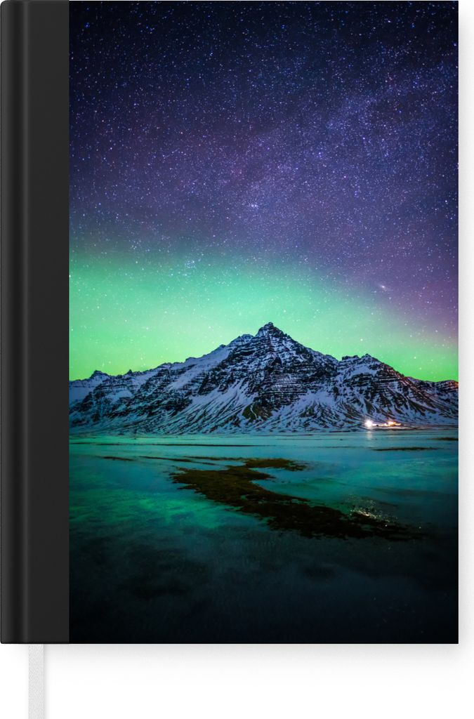 MuchoWow Notizbuch Tagebuch Haushaltsbuch Notebook A5 Berg - Nordlichter - Schweden - Schnee - Grün - Winter - Notizblock - Notizheft - Notebook...