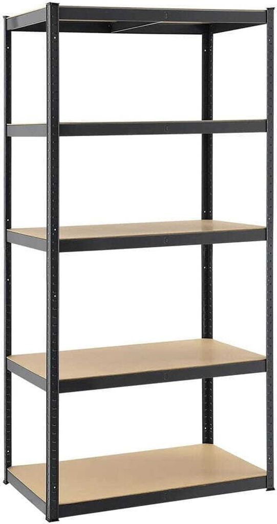 A tall, five-shelf metal storage rack with wooden shelves, shown against a white background.