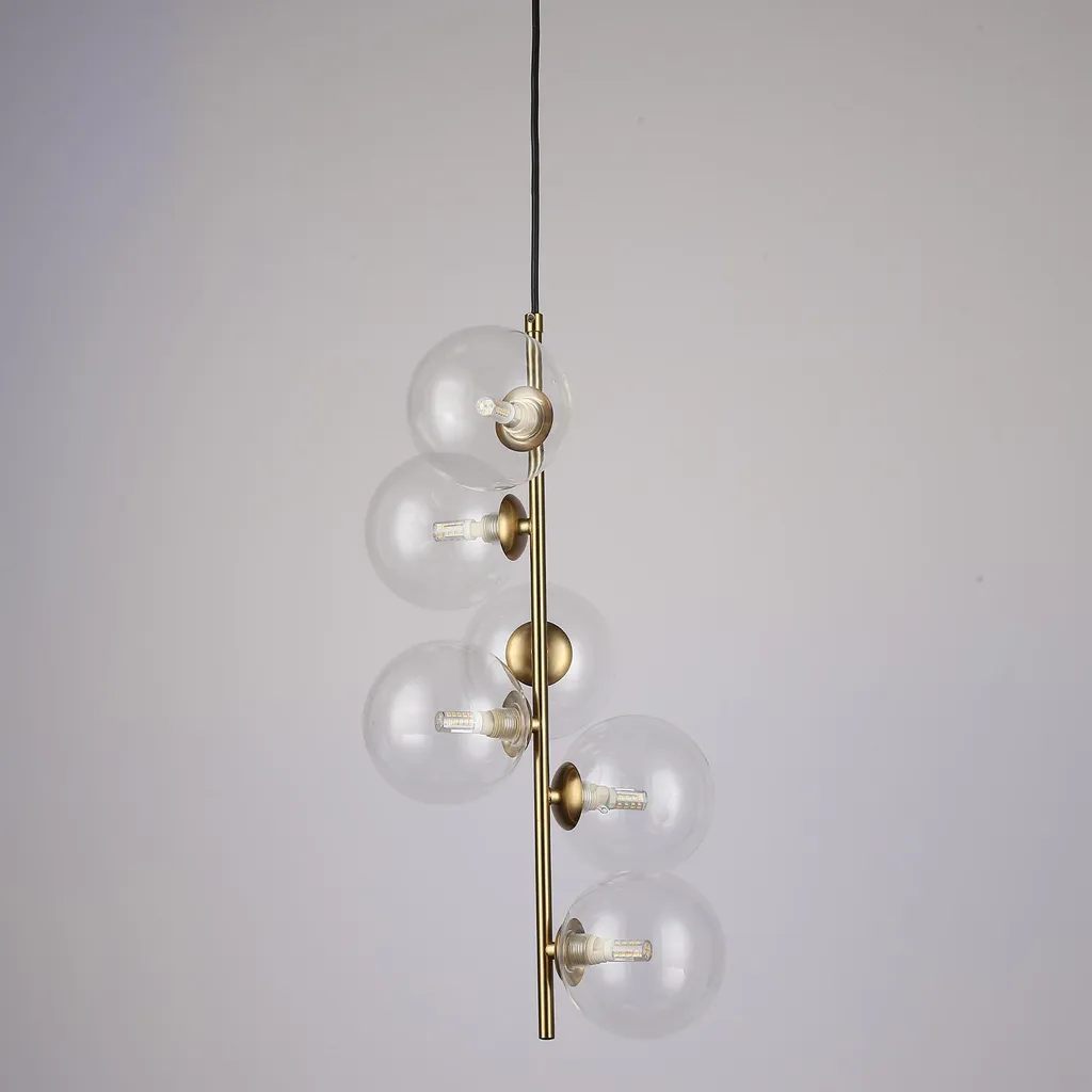 Lampada a sospensione lineare "Palma" - 6 sfere in vetro trasparente, finitura oro, 6 luci G9.
