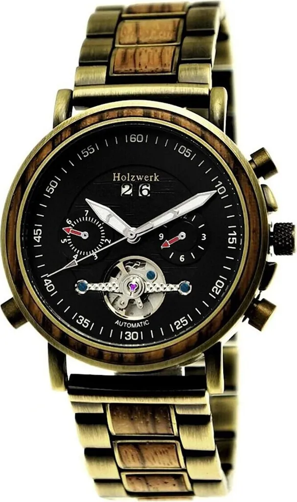 Montre Squelette Automatique pour Homme en Bois et Acier Inoxydable Or